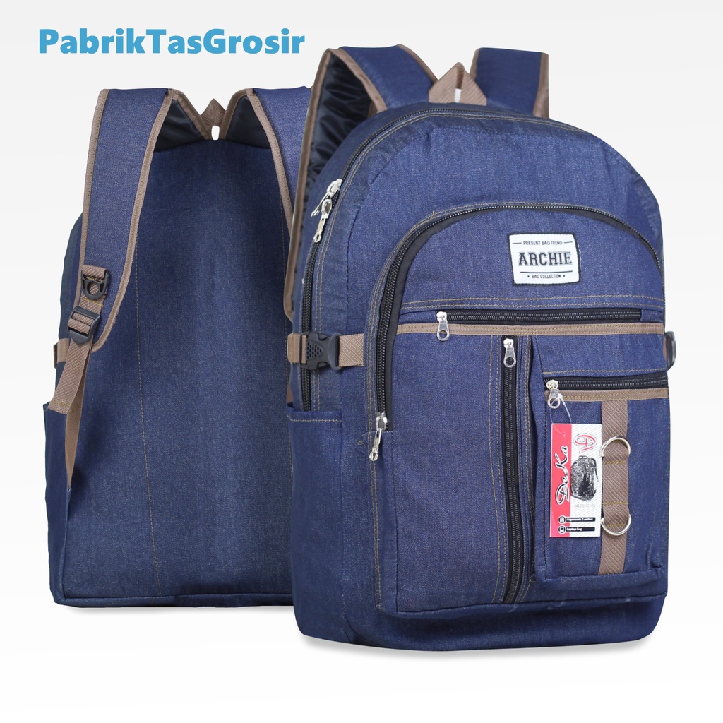 Tas Ransel Pria Wanita Kanvas Jeans Denim ARCHIE Backpack Cowok Cewek DIstro Terbaru Kapasitas Besar Muat Banyak Bahan Tebal Kualitas Impor Ransel Mudik Backpacker Traveling