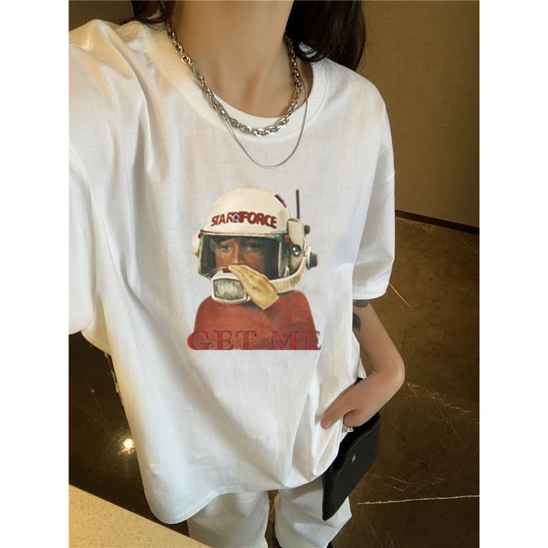 XIAOZHAINV Kaos Atasan Wanita Space Astronaut Pattern Lengan Pendek A0105