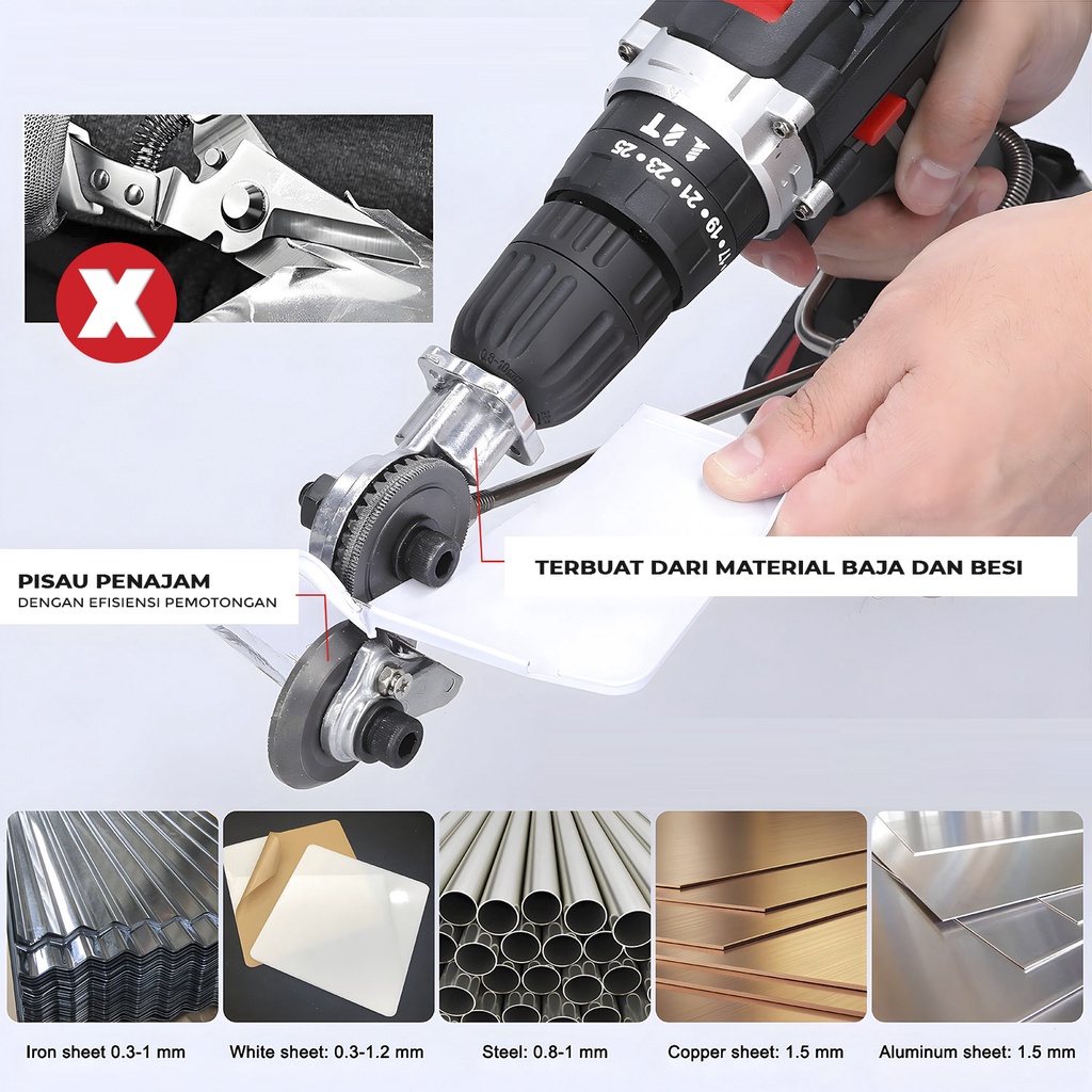 Adaptor Bor Gunting Plat Tipis / Adapter Mesin Bor Pemotong Plat Seng Tipis / Converter Bor Jadi Gunting Seng / Electric Drill Refitting Plate Shears / Adaptor Ke Bor Jadi Gunting Seng Electric Drill Plate Cutter Attachment Metal Sheet Cutter Nibbler Saw