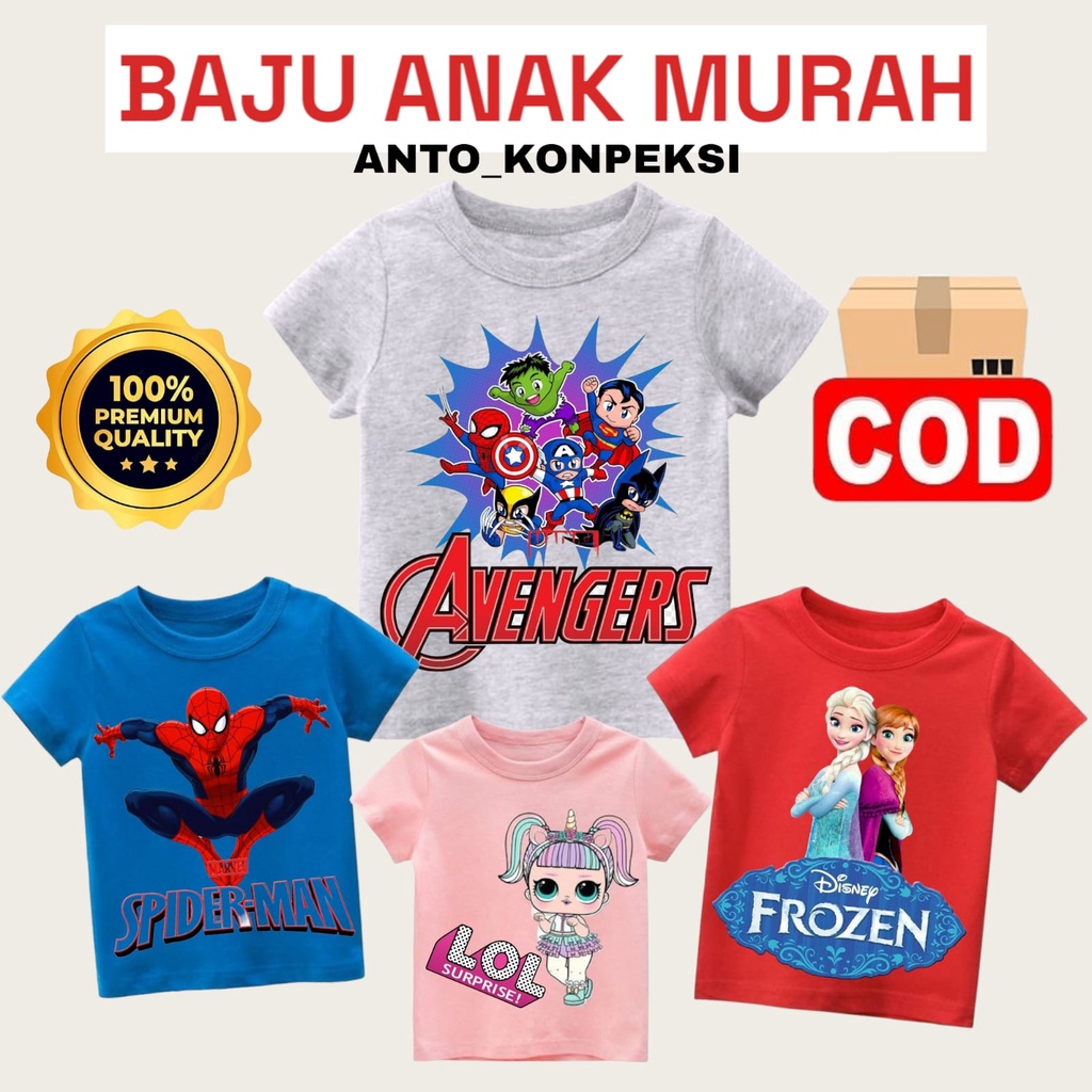 Baju / Kaos Distro Anak Laki Laki dan Perempuan/ Unisex / Baju / Motif Karakter / KAOS ANAK LAKI LAKI PEREMPUAN T SHIRT DISTRO MURAH ECERAN GROSIR COWOK CEWEK / Kaos anak distro anak laki laki superman logo batman logo iron man captain amrica spiderman