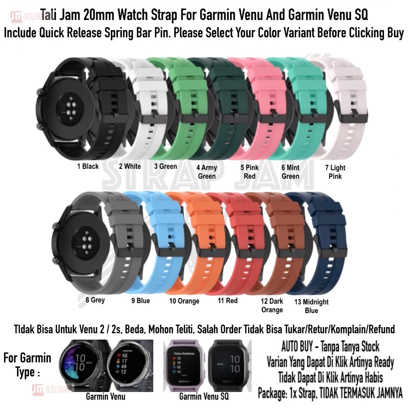 T2E 20mm Tali Jam Smartwatch Garmin Venu / Venu SQ - Strap Rubber Silikon Buckle Hitam