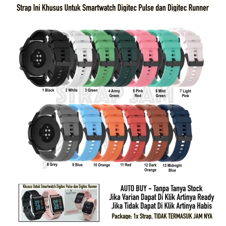 T2E 20mm Tali Jam Smartwatch Digitec Pulse / Runner - Strap Rubber Silikon Buckle Hitam