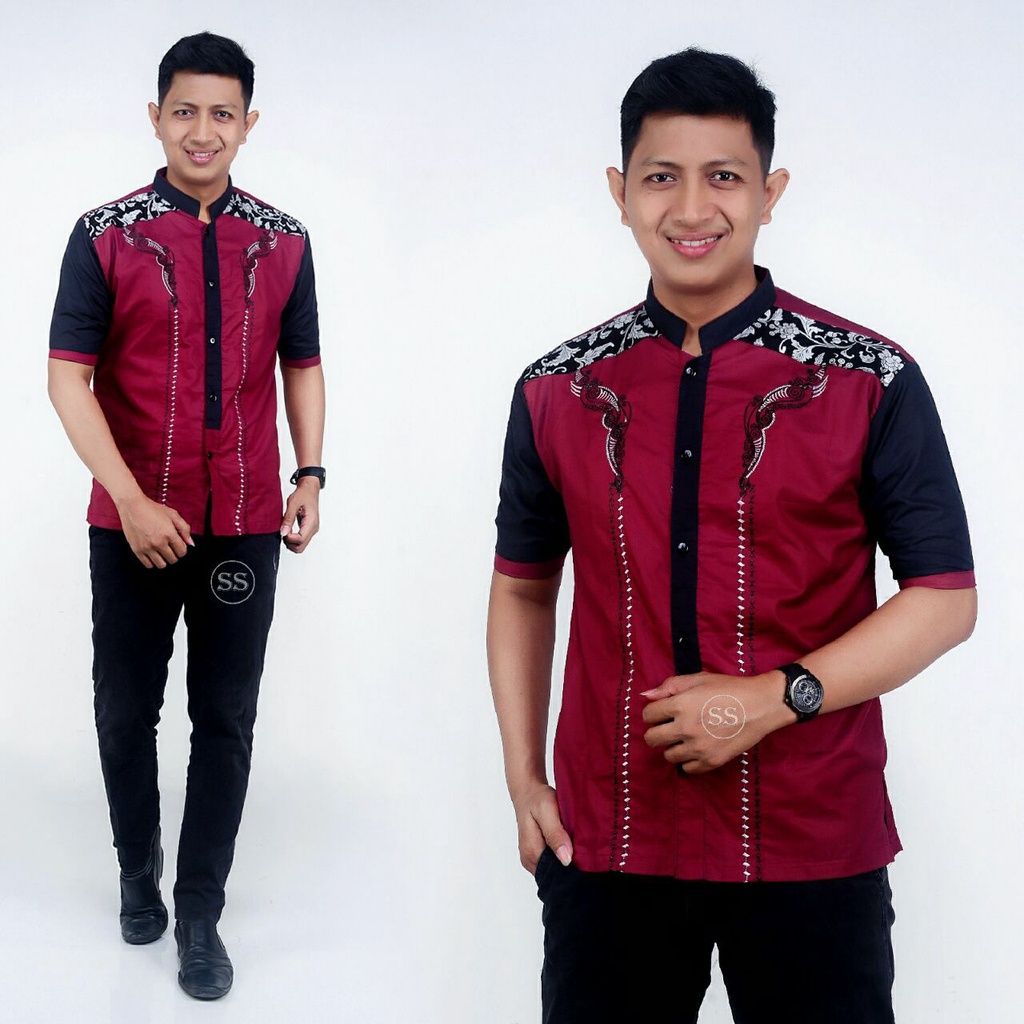Baju Koko Pria Dewasa Muslim Spesial Warna Merah Marun Maroon Seragam Hadroh Kekinian BATIK VELDANAV