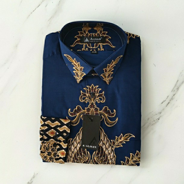 Alisan Kemeja Batik Panjang Reguler Garuda Daun Kotak Hitam / Biru