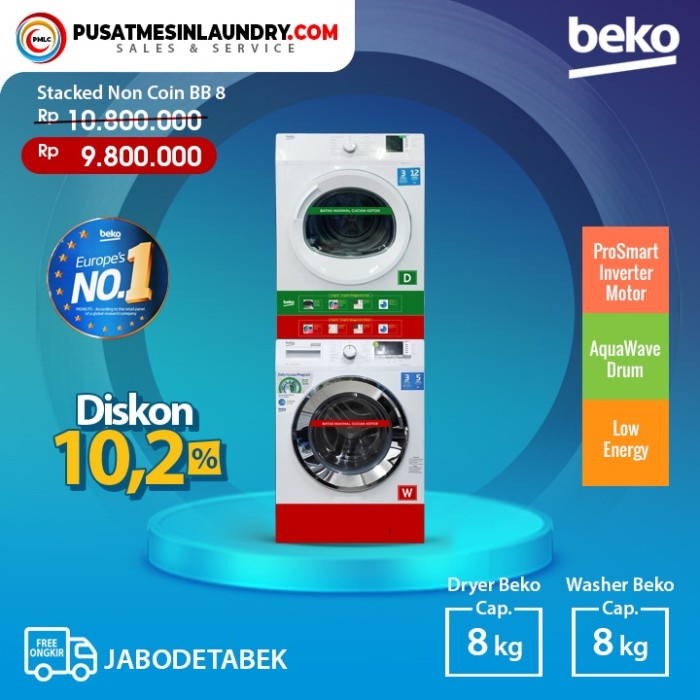 Stacked Beko Mesin Cuci 8kg dan Beko Dryer 8kg Non Coin BB 8