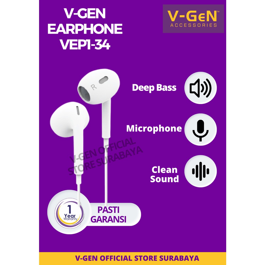 Handsfree V-GeN VEP1-36 Wired Earphone Type C Deep Bass Stereo Sound