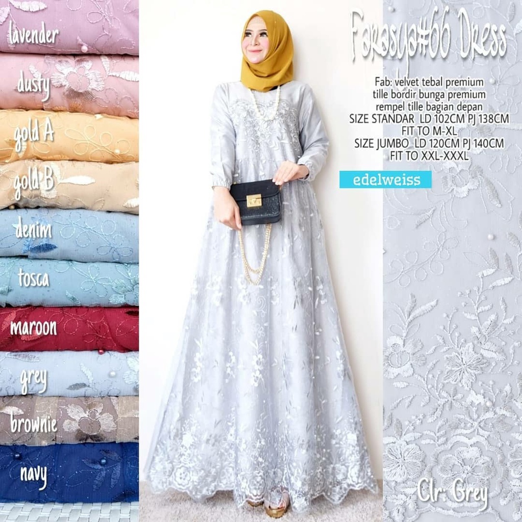 Farasya #66 Dress Muslim Jumbo Wanita xxxl Ld 130cm Gamis Muslimah Terbaru Gaun Pesta Resepsi Akad Pernikahan Gamis Lebaran Anak Perempuan Grosir Gamis Termurah Dress Kondangan Wedding Dress Remaja Muslimah Warna Putih Greentea Maroon Navy Rose Gold Dusty