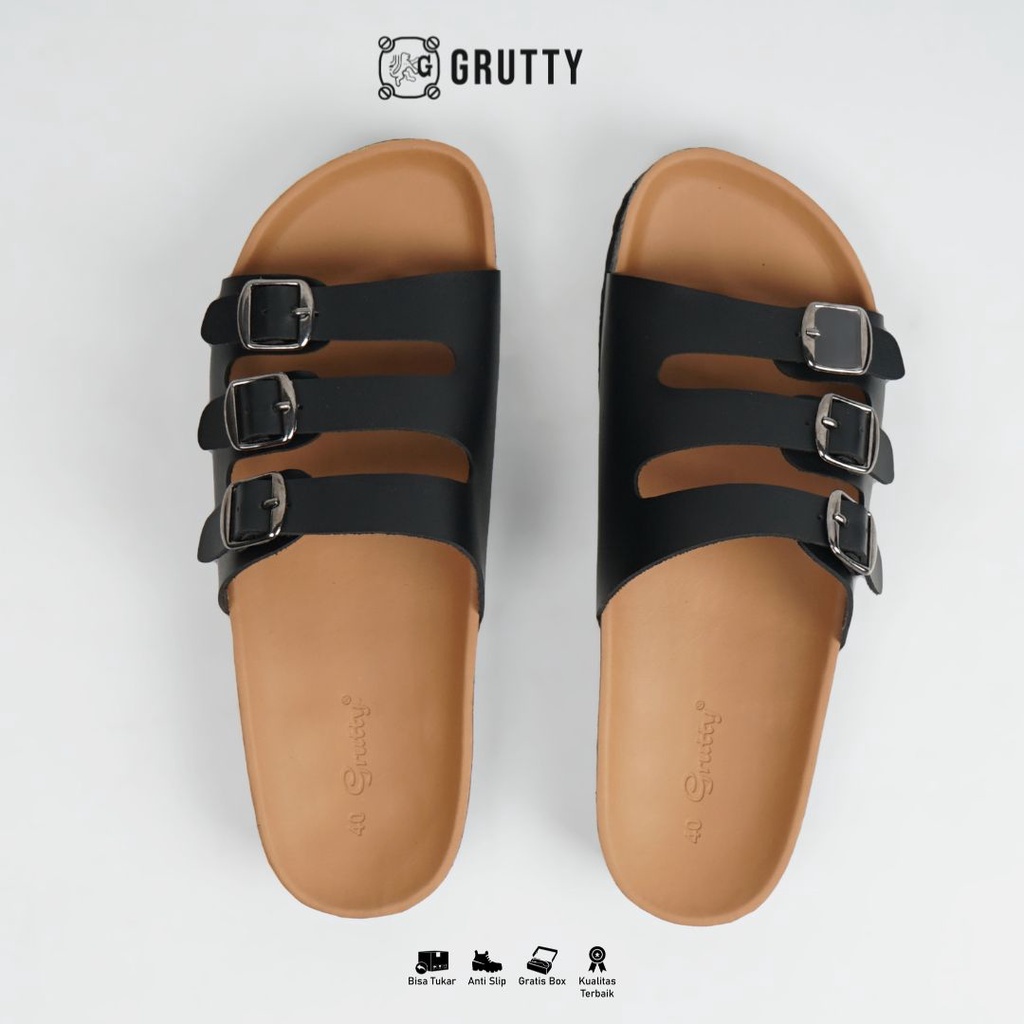 Sandal Wanita GRUTTY Flat Hitam Sendal Kekinian Super Comfy