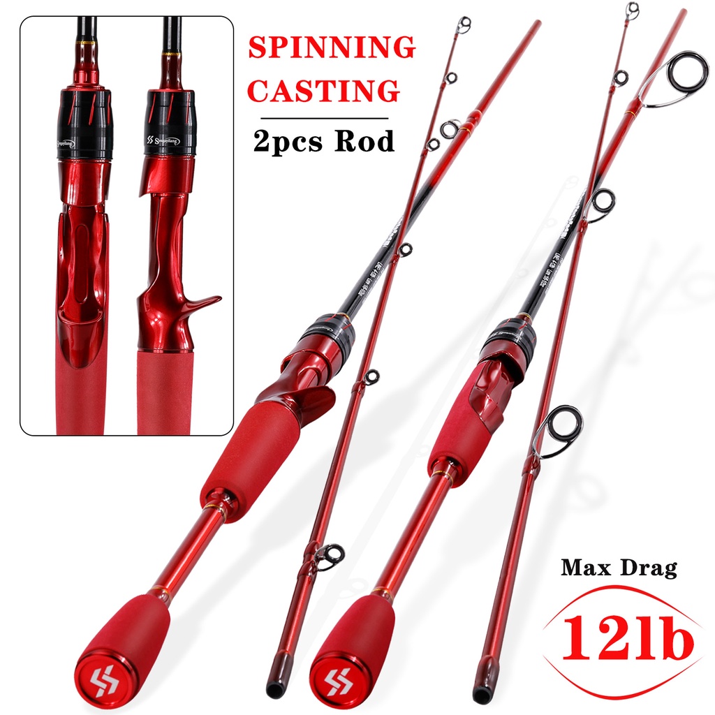 Sougayilang Joran Pancing 1.8M Red Fishing Rod 2 Sections Joran Pancing ML Power 4-12LB Spinning Fishing Rod Solid Carbon Fiber Untuk Air Manis Atau Air Manis  Joran Pancing