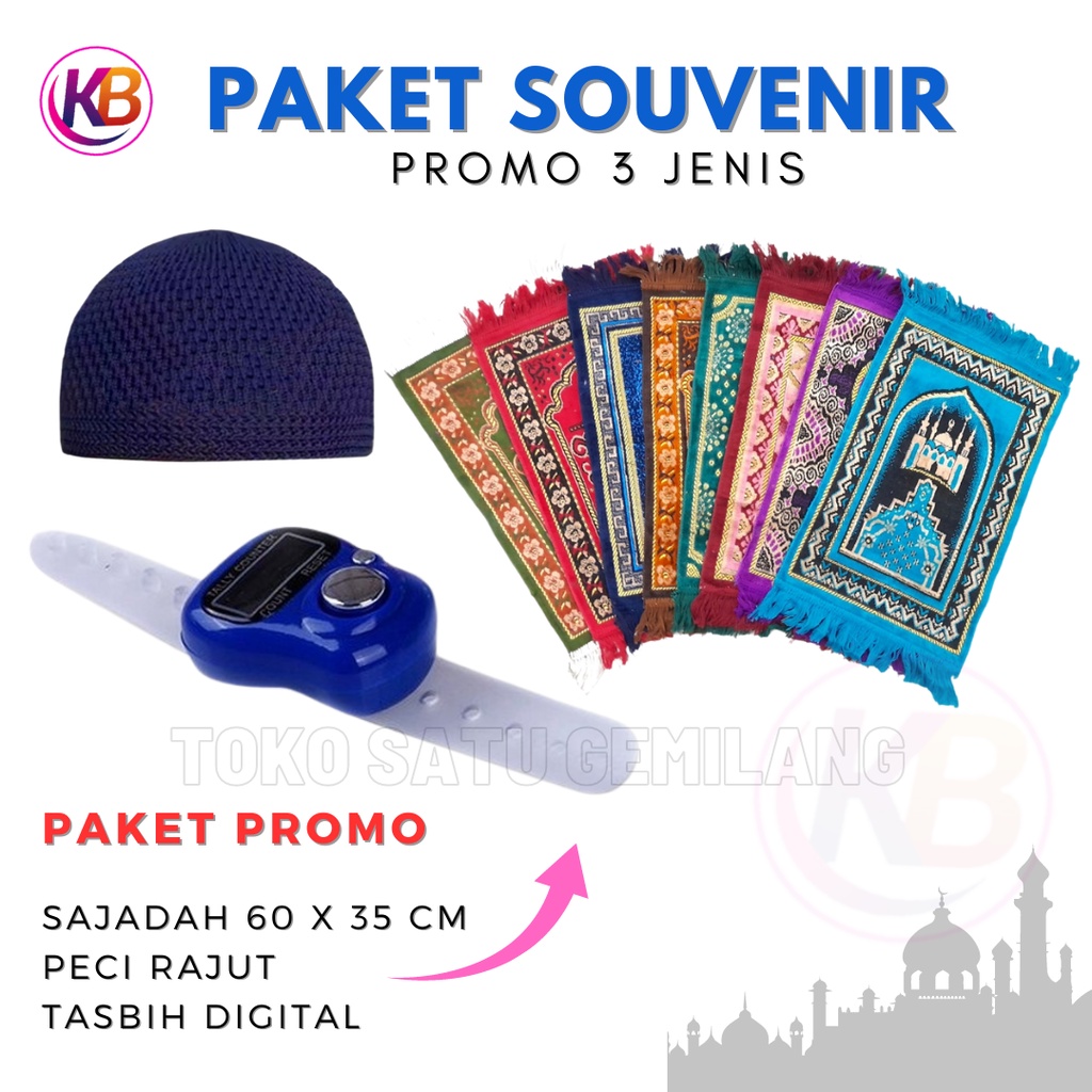 PAKET SOUVENIR MURAH - Promo Perlengkapan Sholat Pria 3 Jenis - Paket Sajadah Peci dan Tasbih - Oleh