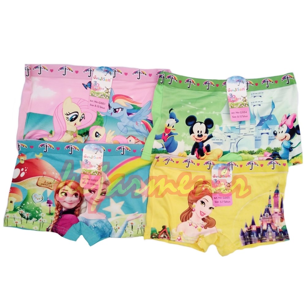 3 pcs Celana Dalam Boxer Anak Perempuan | Guojisan | Motif Karakter | Cewek Kartun | Size S M L XL