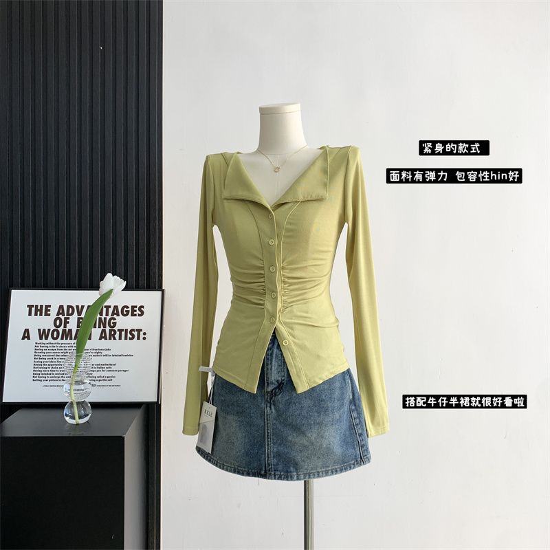 Red Spice Girl Sweetheart Stripe/Mustard Yellow V-Neck Fold Slim T-Shirt Lapel Cardigan Pendek