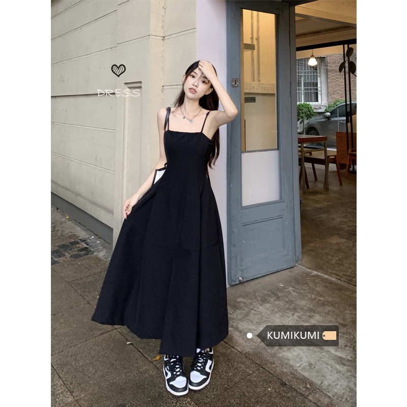 Red Kumikumi Hepburn style black suspender dress women s spring French waist A-line skirt slit skirt