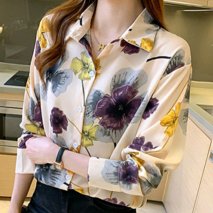 Atasan Wanita import shirt motif bunga baju atasan wanita lengan panjang pantai blus Import Gratis O
