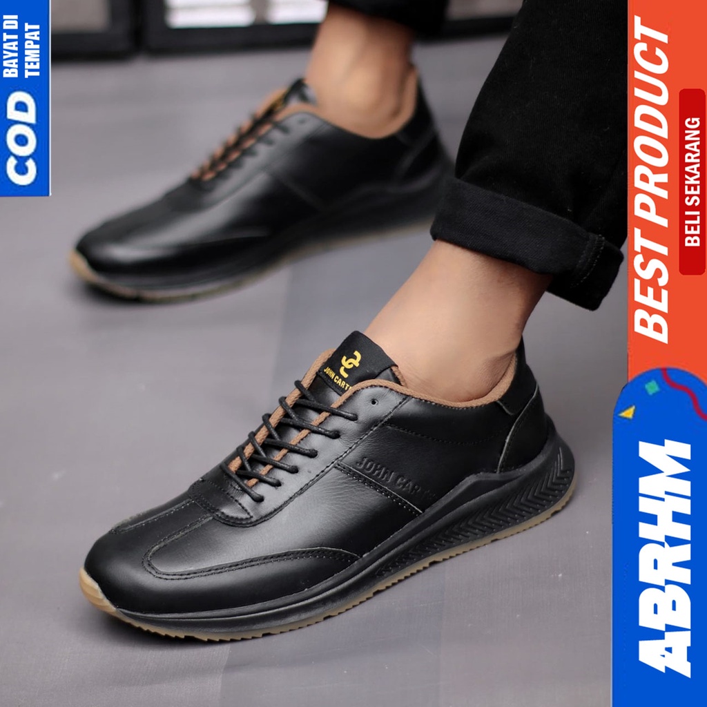 Sepatu Sneakers Casual Pria Kulit Asli Hitam Kerja Abrhm Spart