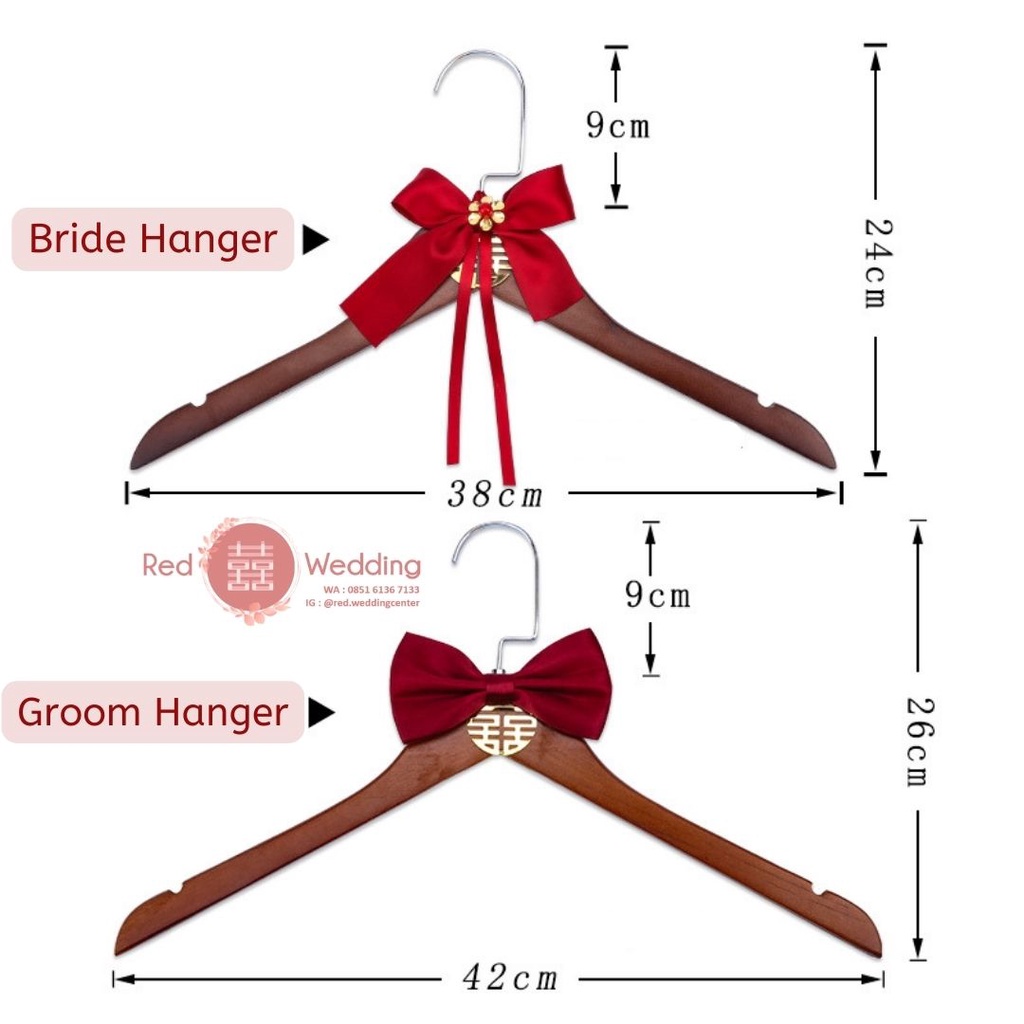 Hanger Kayu Gantungan Baju Wedding Sangjit Merah Motif Pita Shuang Xi