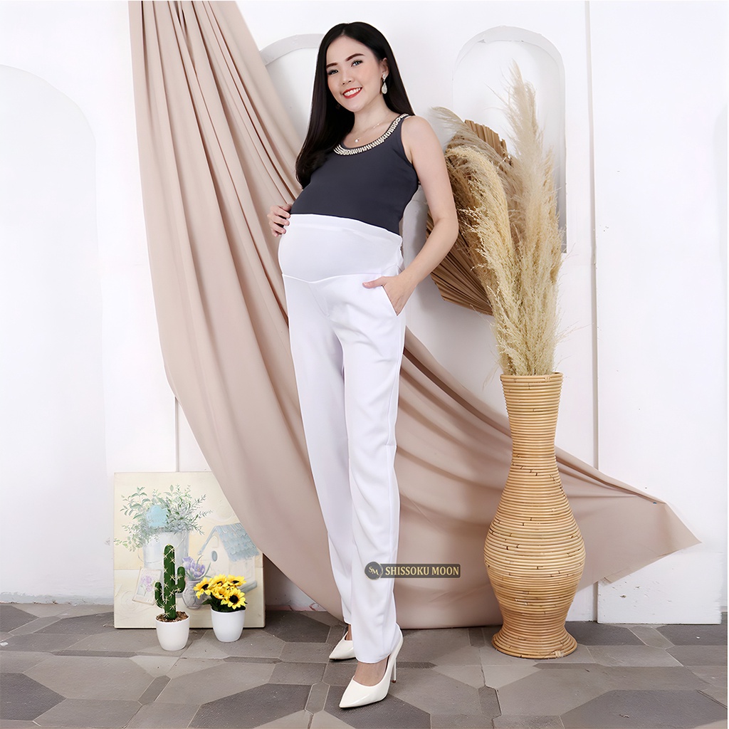 Celana Hamil Kerja Kantor Model Lurus Warna Putih Bahan Premium Tebal - Maternity Pants