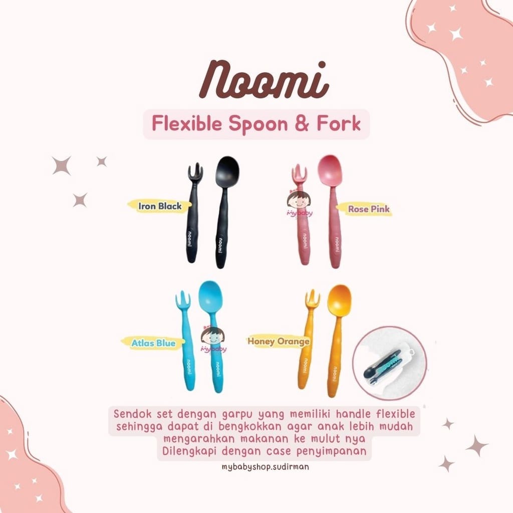 Noomi Flexible Spoon &amp; Fork + Box - Sendok Garpu Makan Anak