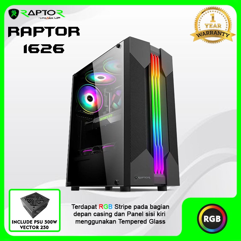 Power Up Casing Raptor 1626 Mid Tower With Led Strip RGB PSU 500w Tempered Glass