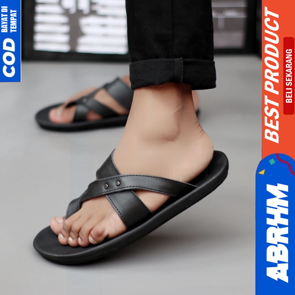 ABRHM X JAVIT Sandal Japit Pria Sandal Pria Kulit Asli Sendal Jepit Cowok / Cowo Ori Keren Kekinian