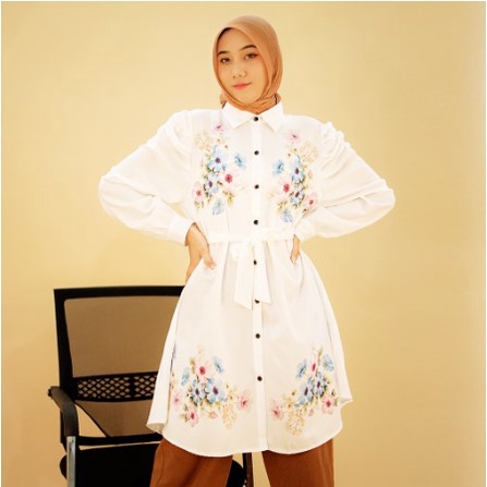 VT Tunik Motif Bunga Terbaru Baju Kemeja Putih Wanita Atasan Wanita Lengan Panjang VD0003