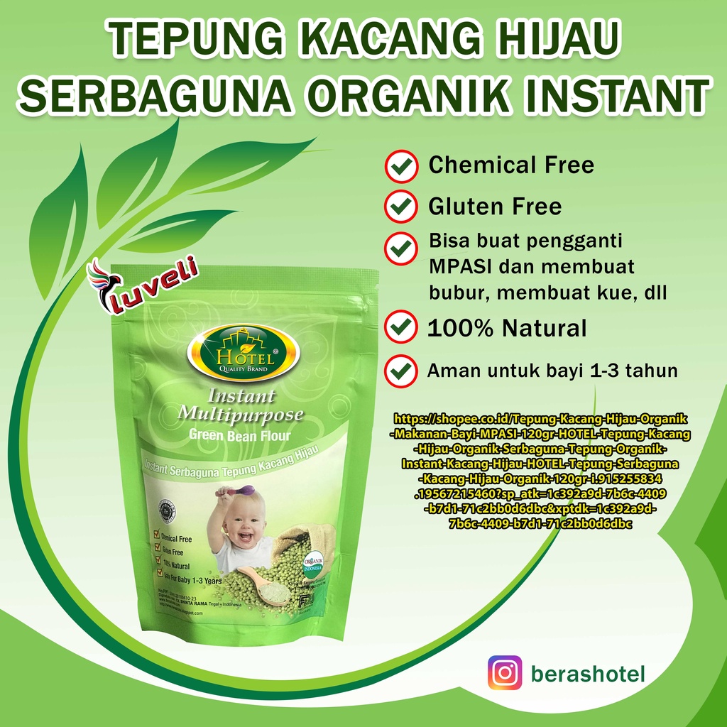 

Tepung Kacang Hijau Organik Makanan Bayi MPASI 120gr HOTEL - Tepung Kacang Hijau Organik Serbaguna - Tepung Organik Instant Kacang Hijau - HOTEL Tepung Serbaguna Kacang Hijau Organik 120gr