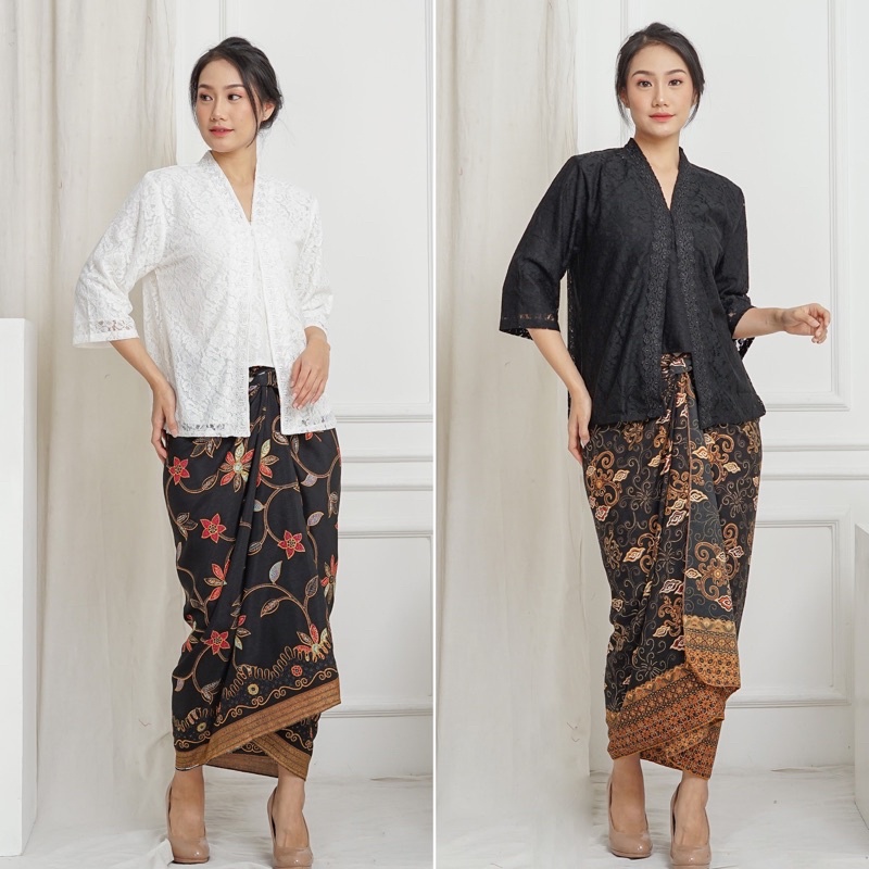 KEBAYA KUTUBARU MODERN FULL BRUKAT KOMBINASI RENDA HITAM PUTIH