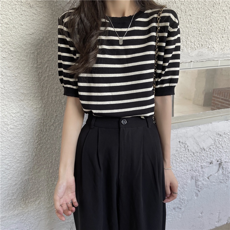 XIAOZHAINV Korean Style Knit Stripe Kaos Atasan Wanita 0390