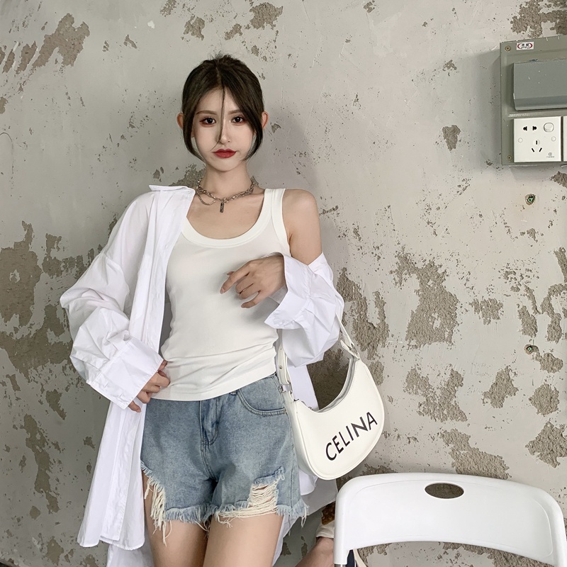 Red All-Match Warna Solid Tanpa Lengan Rompi Kamisol Wanita Musim Panas Gaun Gadis Seksi Ramping Elastis Anti-Selip pakaian Atas