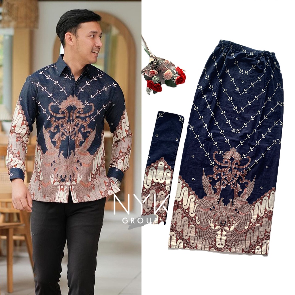 BATIK SARIMBIT COUPLE NAVY SERIES - Promo Kemeja Lengan Panjang Katun Prima Ready M L XL - Kemeja Rok Span Wanita - Couple Batik Lamaran Motif Terupdate - Kemeja Rok Wisuda Kondangan Modern 2023