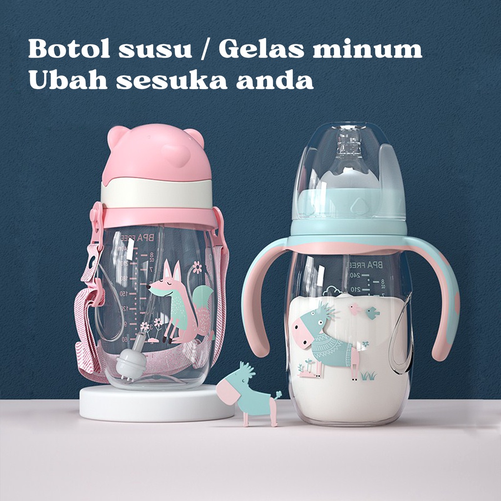 Botol Minum Bayi sedotan Anak Balita kegunaan Botol Susu Bayi Botol Perawatan botol anti tumpah pegangan  Lucu Motif Imut Training bottle 180/240/300ML