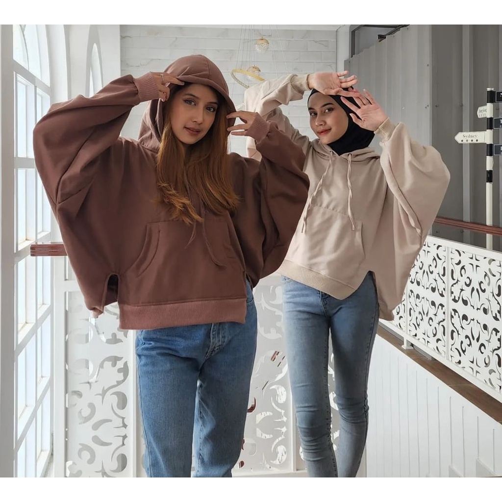 Sweater Hoodie Batwing Oversize Slit Hoodie | Sweater Wanita Bigsize | Sweater Hoodie Korean Style