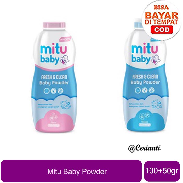 [100+50GR] MITU Baby Powder Fresh and Clean Classic Blue | Floral Pink | Bedak Bayi 150gr | 100gr + 50gr_Cerianti