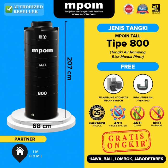 Terlaris Torn Tangki / Toren Air Ramping Mpoin Tall 800 Liter Tinggi