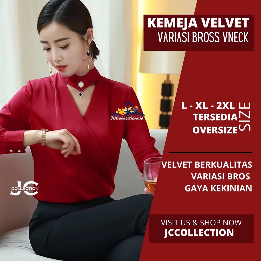 JCCollections Blouse Korea Style Satin Velvet leher tinggi Wanita Gaya Korea Lengan Panjang Minna