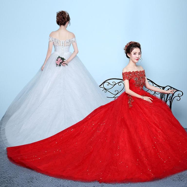 [ART. 5330] Putih Dan Merah Ekor panjang Off Shoulder wanita gaun pengantin Sabrina Renda gaun pesta