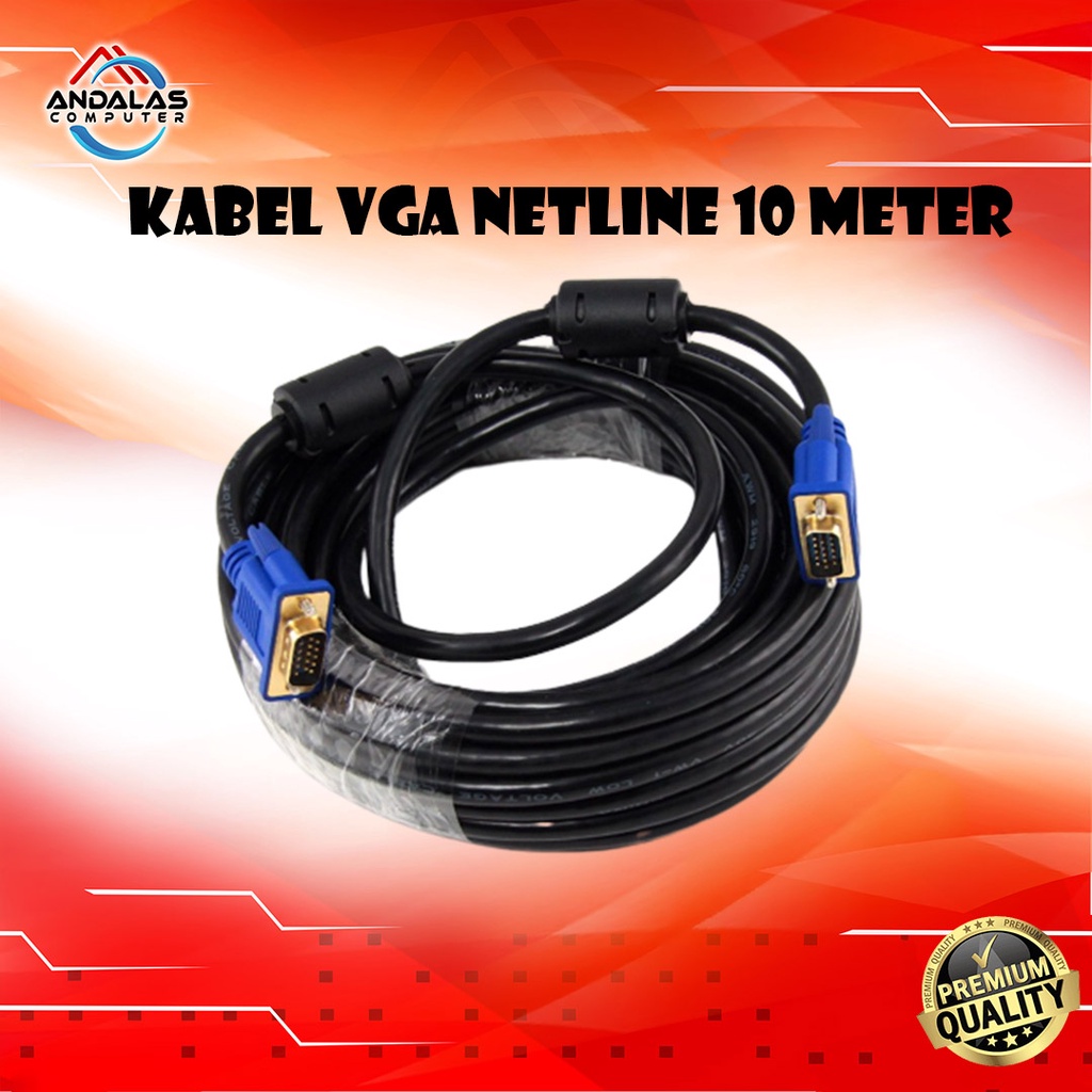 Kabel VGA Monitor 10 Meter NETLINE Gold Plated Komputer Monitor PROYEKTOR