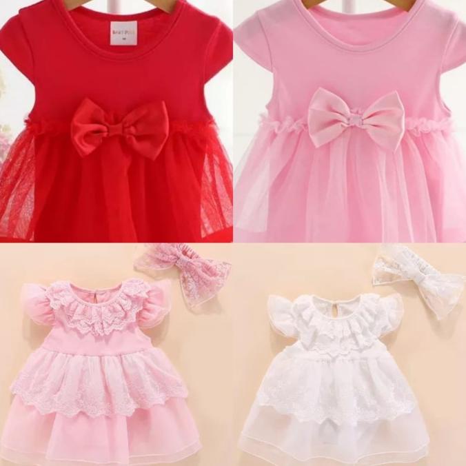 Dress bayi 1-2th import pink putih merah katun premium gaun setbandana