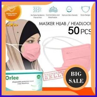 Masker Headloop Hijab 3Ply Orlee Original Kemenkes Masker Pink Isi 50Pcs 1M4R23 limited stock