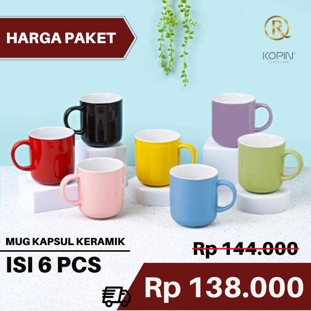 Paket Isi 6pcs Cangkir Gelas Mug Keramik Kapsul 2 Warna 300ml polos