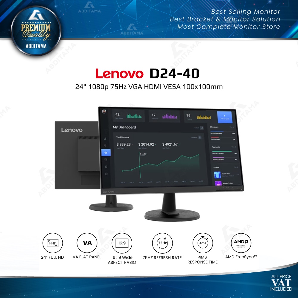 Monitor LED Lenovo D24-40 24&quot; 1080p 75Hz VGA HDMI VESA 100x100mm