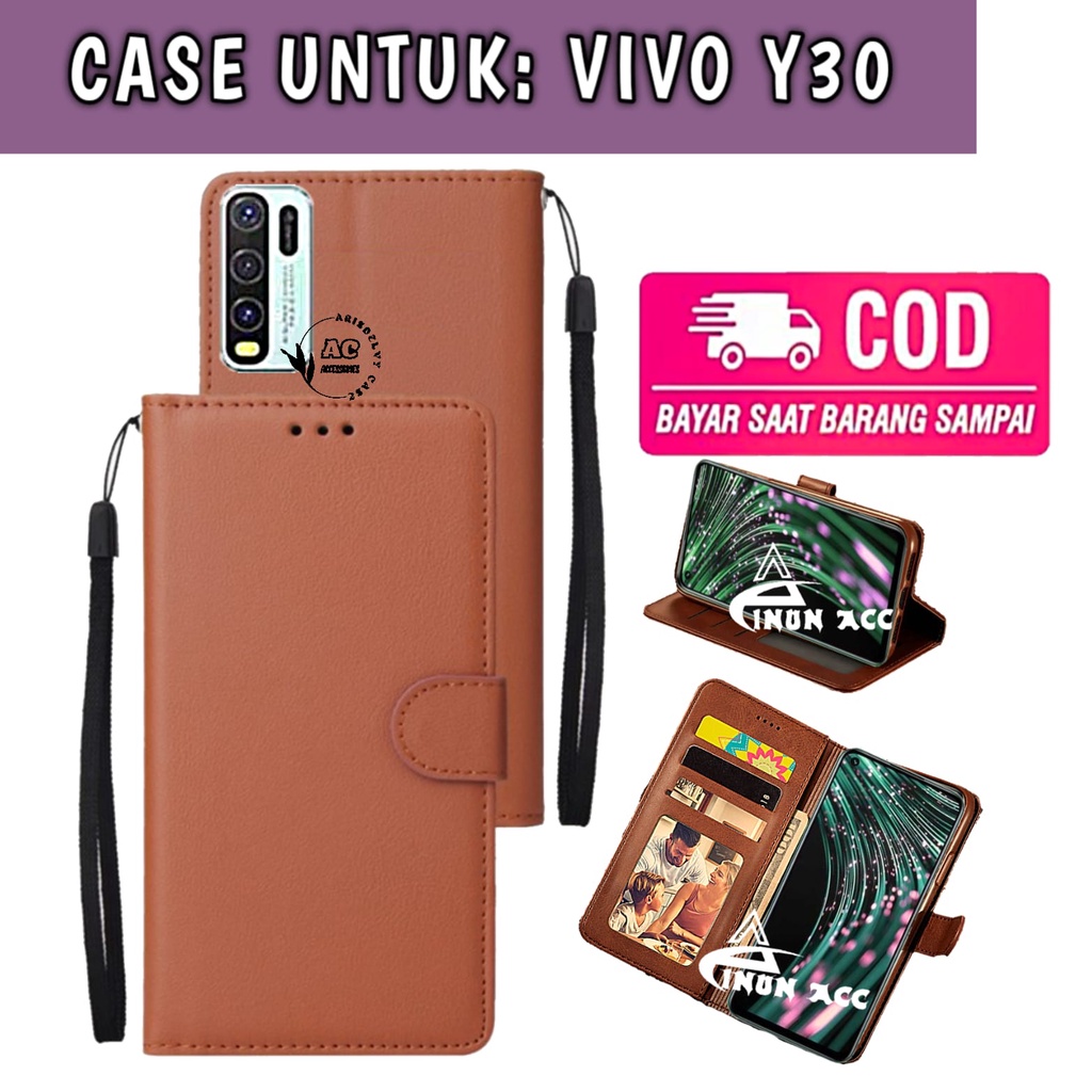Case Flip FOR VIVO Y30 Case Kulit -Casing Dompet Cover Wallet Leather Sarung HP Free Tali