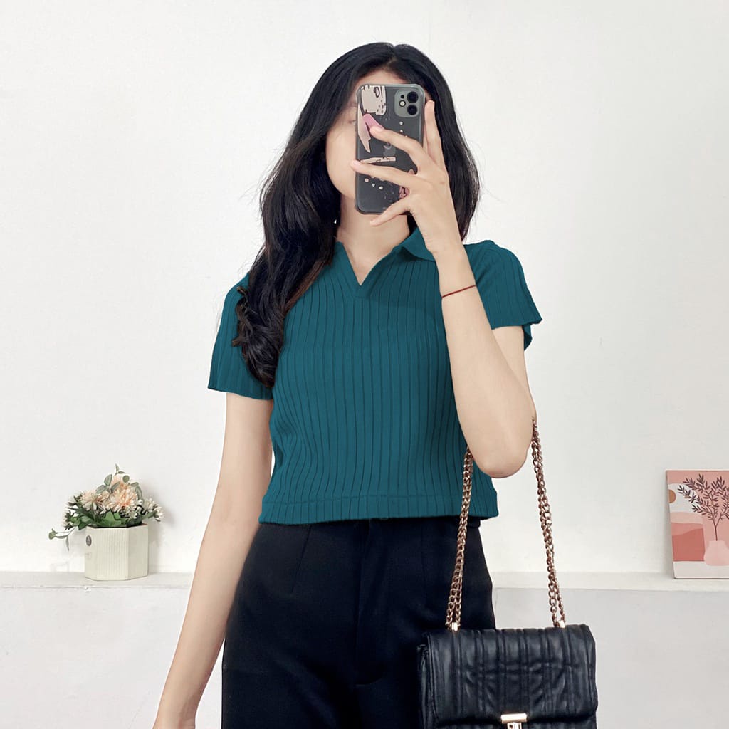 crop top rajut wanita kerah polo/polo wanita prilly crop top/atasan crop top rajut lengan pendek