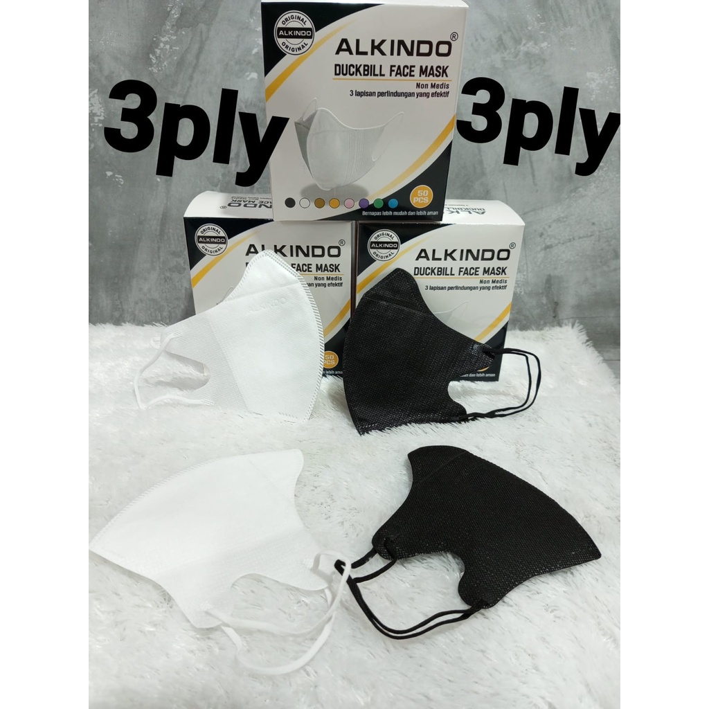 READY MASKER DUCKBILL ALKINDO 3 PLY WARNA HITAM DAN PUTIH EMBOS BLACK AND WHITE isi 50 LBR PER BOX