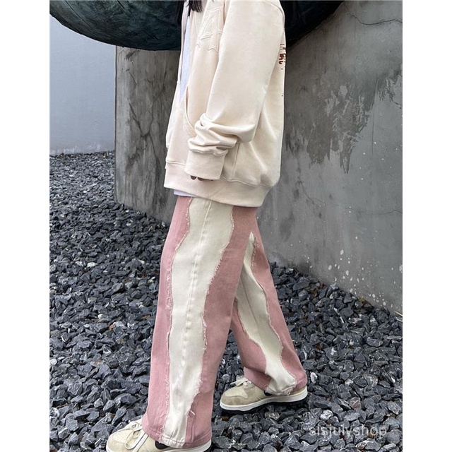 [✅BISA COD] #Sisjuly# Celana Panjang Santai Wanita Vintage Patchwork Lurus Jeans Jalan Kaki Lebar Lo