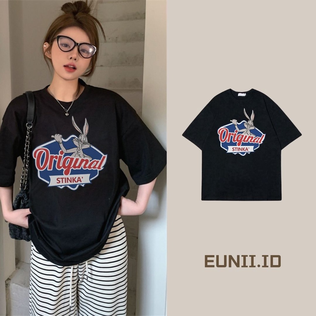 EUNII T-shirt Lengan Pendek Retro Cartoon Rabbit  Korean Style/Baju Kaus Oversize Wanita/Kaos Wanita