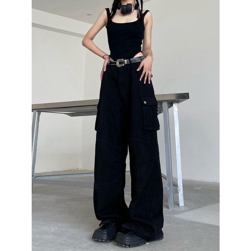 Red Aprikot Perkakas Jeans Wanita American Retro Vibe Gaya Industri Berat Multi-Saku Longgar Lebar Kaki Kasual Mengepel celana