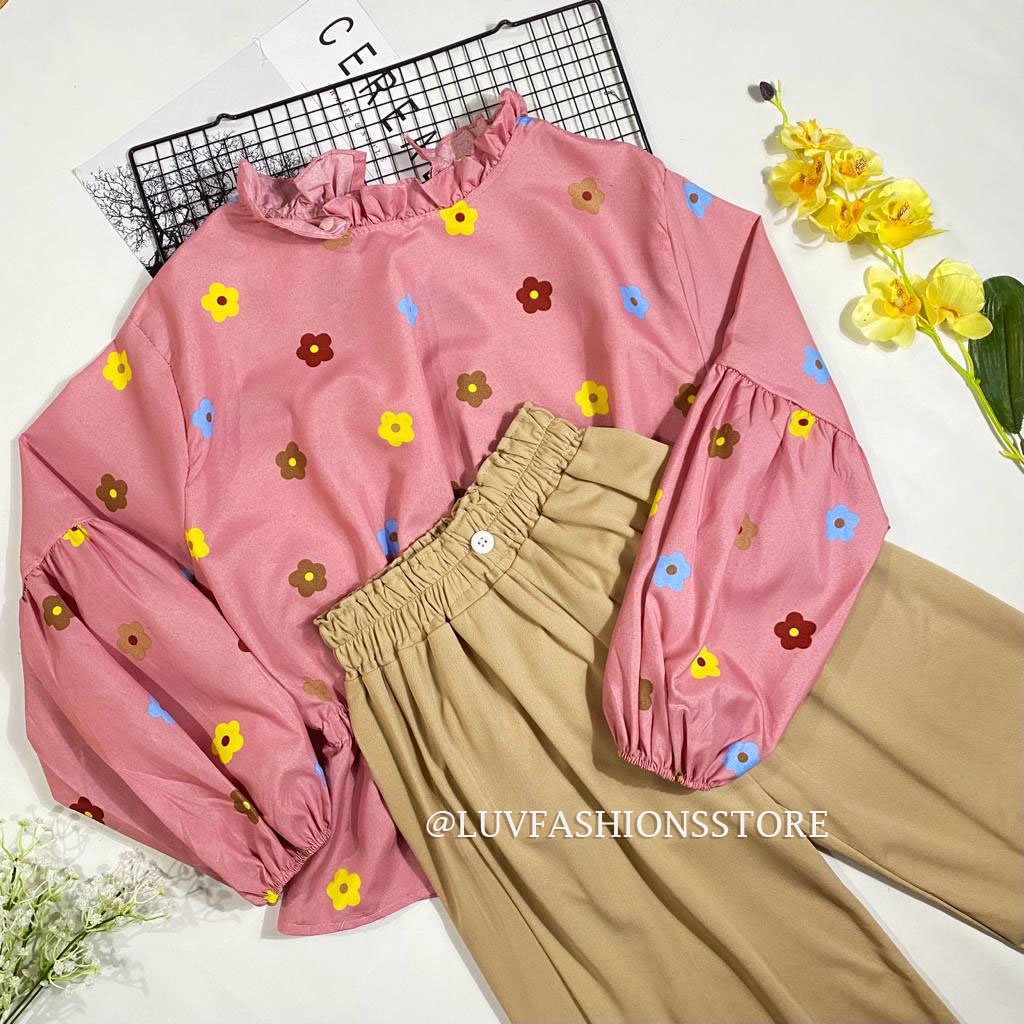 IL - SETELAN FLOWY BLOUSE MOTIF FLORAL TERBARU / SET KULOT KANCING CREPE ATASAN BLOUSE WANITA