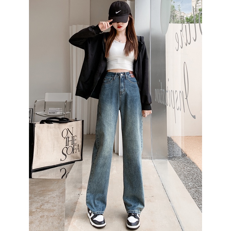 Biru retro Highwaist Straight Loose Celana Jeans Wanita Fashionable (realpict)