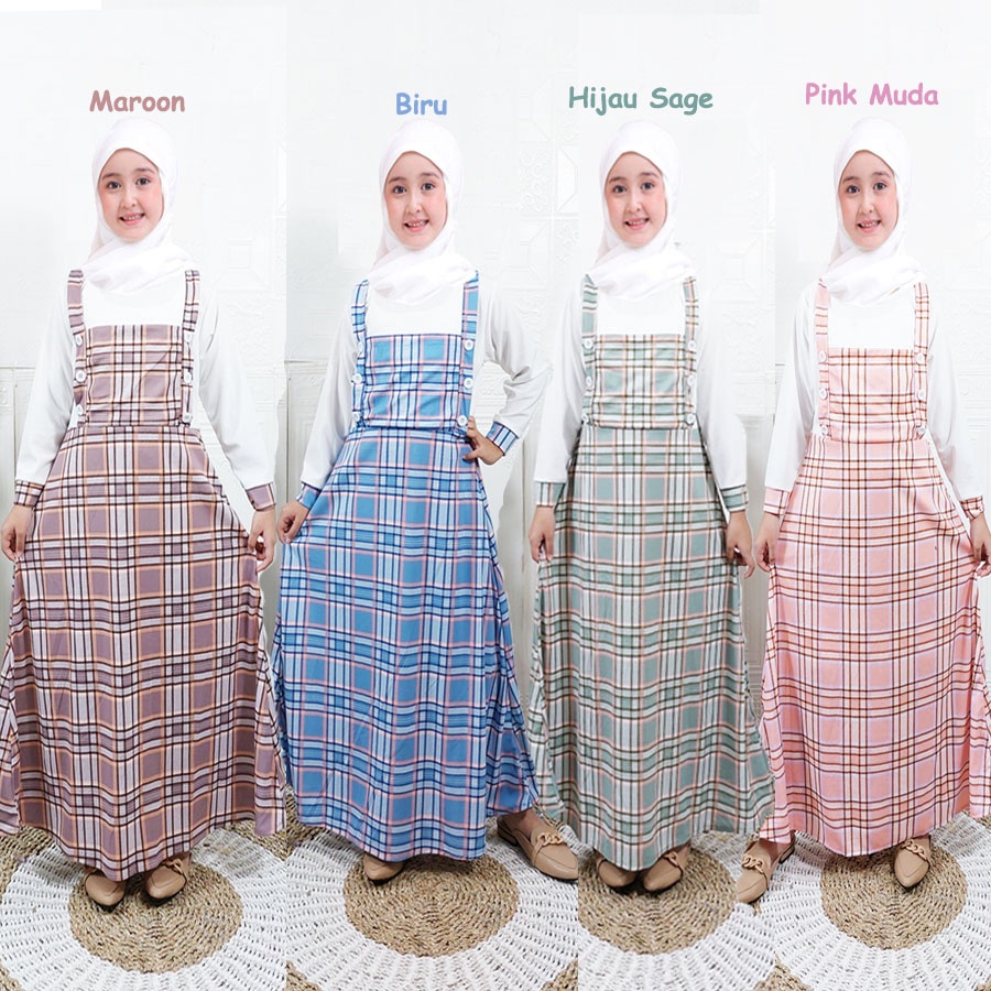 Dress Anak Overall Corak Kotak Printing Gamis Kids Perempuan 3-13 Tahun Westy Gl Fashion